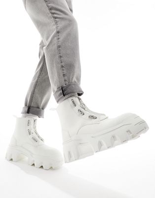 ASOS DESIGN chunky boots in white faux leather with zip detail