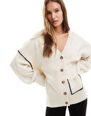 ASOS DESIGN chunky cardigan with contrast seams and pocket in cream-White