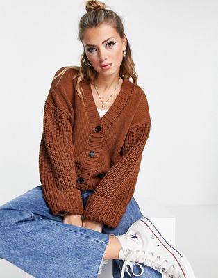 ASOS DESIGN chunky cardigan with rib sleeves in brown