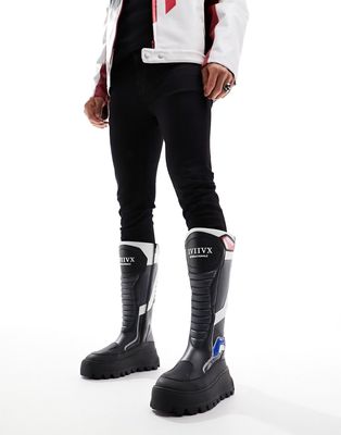 ASOS DESIGN chunky knee-high boots with motocross details-Black