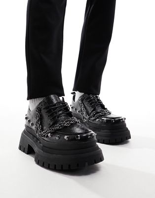 ASOS DESIGN chunky lace-up shoes in black with silver hardware