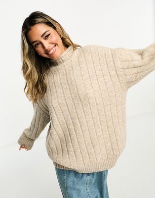 ASOS DESIGN chunky oversized sweater in rib with grown on neck in oatmeal-Neutral