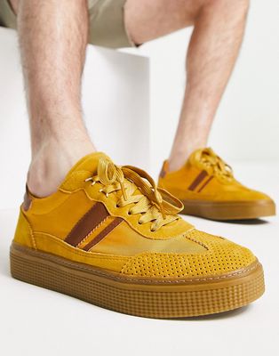 ASOS DESIGN chunky retro sneakers in mustard faux suede with gum sole-Yellow