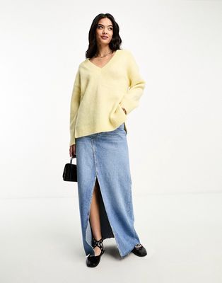 ASOS DESIGN chunky v neck sweater in alpaca wool blend in butter yellow-White