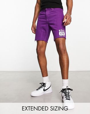 ASOS DESIGN classic rigid regular length shorts in purple with varsity print