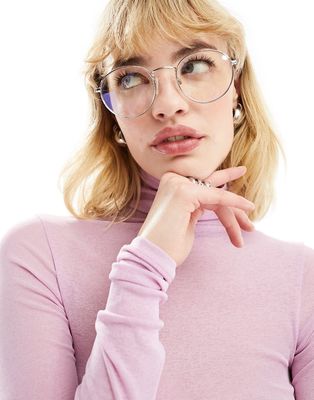 ASOS DESIGN clear metal round glasses with blue light lens-Silver