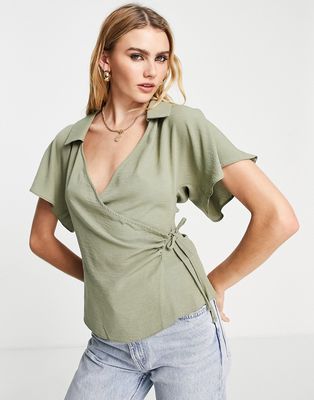 ASOS DESIGN collar wrap blouse in khaki-Green