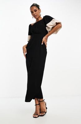 ASOS DESIGN Contrast Sleeve Asymmetric Neckline Midi Dress in Black