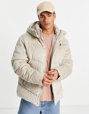 ASOS DESIGN cord puffer jacket with hood in beige-Neutral