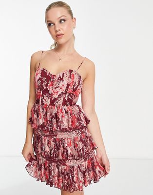 ASOS DESIGN corset frill mini dress with sequin detail in red with floral print