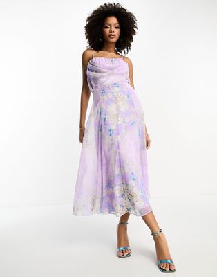 ASOS DESIGN corset midi dress with soft cowl front in lilac floral print-Multi