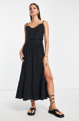 ASOS DESIGN Cotton & Linen Tiered Fit & Flare Sundress in Black