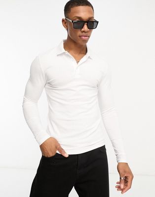 ASOS DESIGN cotton blend long sleeve jersey polo in white