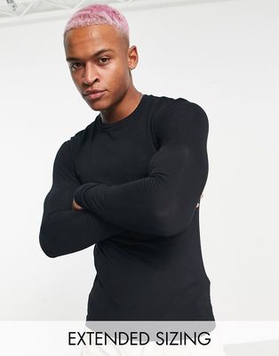 ASOS DESIGN cotton blend muscle fit long sleeve t-shirt with crew neck in black
