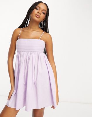 ASOS DESIGN cotton pleat bust babydoll mini sundress in lilac-Purple
