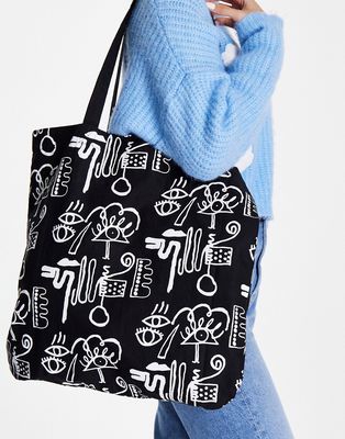 ASOS DESIGN cotton shopper bag in abstract print - BLACK