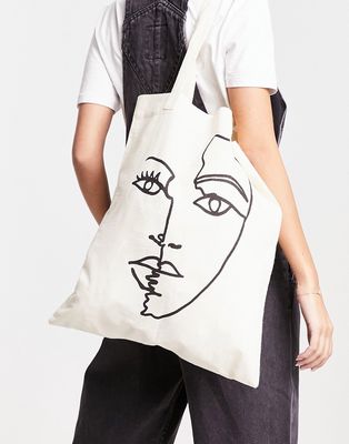 ASOS DESIGN cotton tote bag with placement abstract face print-Neutral