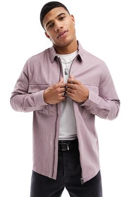 ASOS DESIGN Cotton Twill Zip Shirt Jacket in Purple
