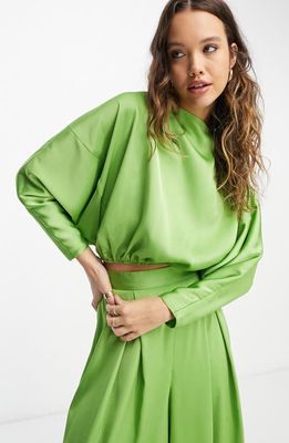 ASOS DESIGN Cowl Neck Crop Satin Blouse in Medium Green