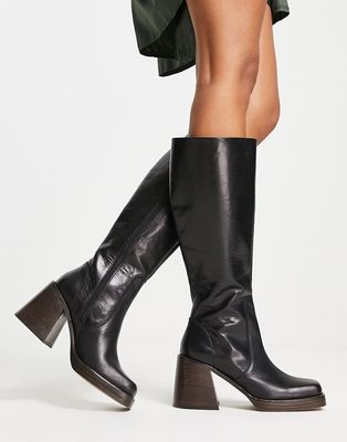ASOS DESIGN Cracking leather mid-heel knee boots in black