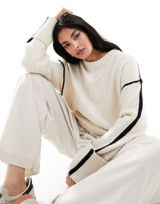 ASOS DESIGN crew neck sweater with contrast seams in cream-White