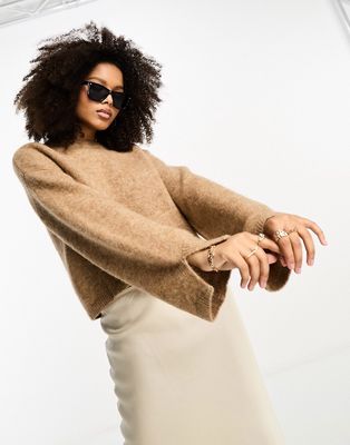 ASOS DESIGN crew neck sweater with wide cuff and split in alpaca wool blend in camel-Neutral