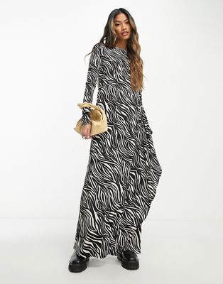 ASOS DESIGN crinkle long sleeve maxi dress in mono zebra print-Multi