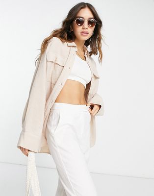 ASOS DESIGN crinkle oversized shirt with wide cuff detail in stone-Neutral