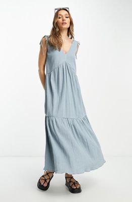 ASOS DESIGN Crinkle Ruched Cotton & Linen Sundress in Light Blue