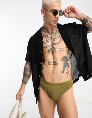 ASOS DESIGN crinkle swim briefs in khaki-Green