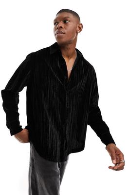 ASOS DESIGN Crinkle Velvet Relaxed Button-Up Shirt in Black