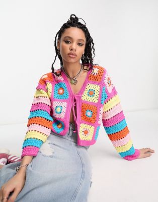 ASOS DESIGN crochet cardigan with contrast stripe sleeve-Multi