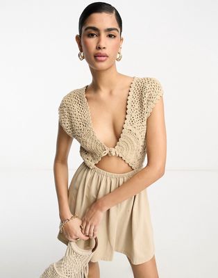 ASOS DESIGN crochet mix mini dress with tie detail in burnt sand-Neutral