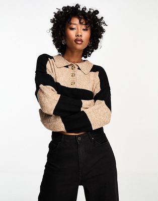 ASOS DESIGN crop rugby sweater with collar in stripe in black and camel