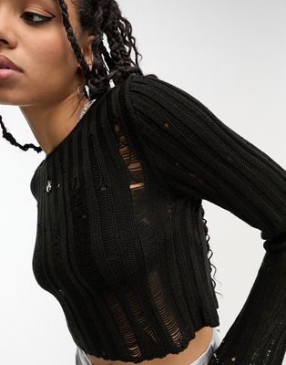 ASOS DESIGN crop sweater in sheer ladder stitch in black