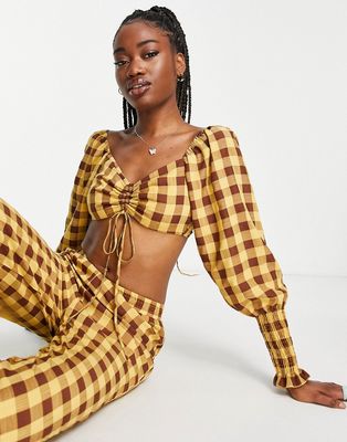 ASOS DESIGN crop top with shirred sleeves in check - part of a set-Multi