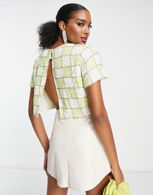 ASOS DESIGN cropped open back t-shirt in lime sequin checkerboard-Green