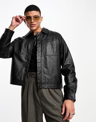 ASOS DESIGN cropped real leather harrington jacket in black