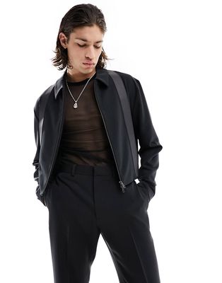 ASOS DESIGN cropped slim smart harrington jacket with pu trim - part of a set-Black
