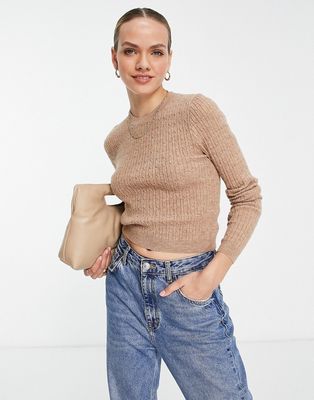 ASOS DESIGN cropped sweater in mini cable stitch in camel-Neutral