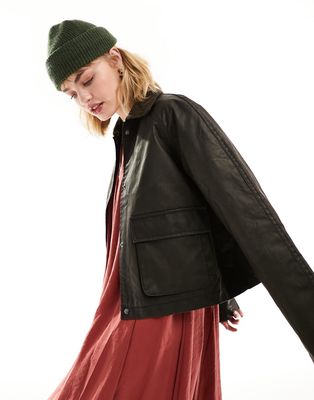 ASOS DESIGN cropped wax jacket with contrast collar in brown