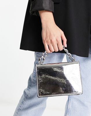 ASOS DESIGN cross body bag with resin top handle chain and detachable crossbody strap in high shine silver