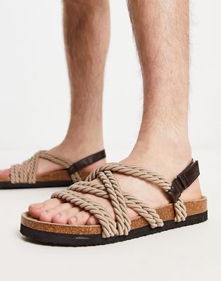 ASOS DESIGN cross strap rope sandals in stone and brown mix-Neutral