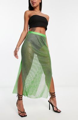 ASOS DESIGN Crystal Embellished Split Hem Sheer Skirt in Medium Green