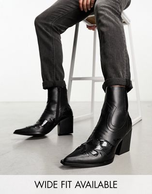 ASOS DESIGN cuban heeled chelsea boots with western details in faux leather-Black