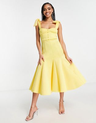 ASOS DESIGN cupped tie shoulder midi prom dress in lemon-Yellow