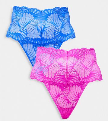 ASOS DESIGN Curve 2 pack deep waist lace thong pack in cerise & blue-Multi