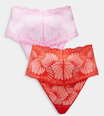 ASOS DESIGN Curve 2 pack deep waist lace thong pack in red & pink-Multi