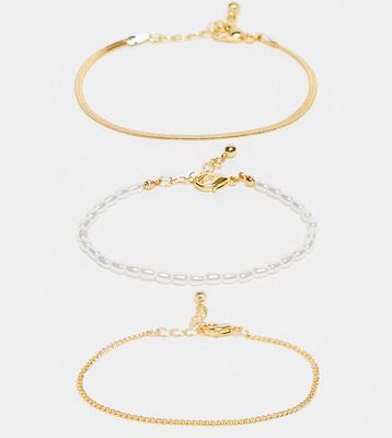 ASOS DESIGN Curve 3-pack 14k gold plated bracelets with faux pearl and chains in gold tone