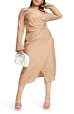 ASOS DESIGN Curve '70s Long Sleeve Midi Dress in Stone